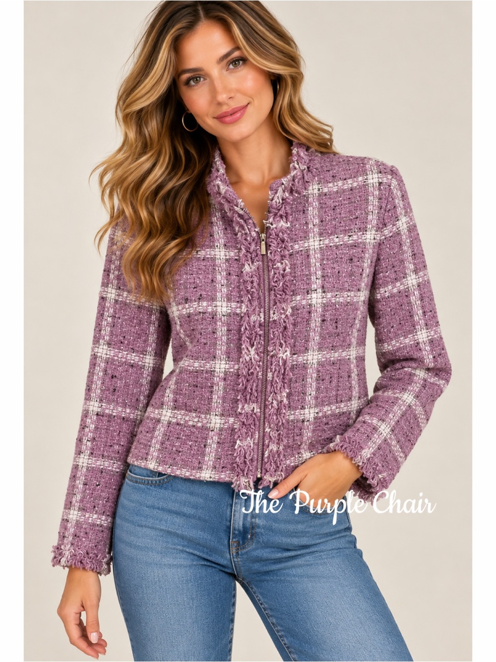 NWOT Windowpane Plaid Tweed Linen Blend Blazer Jacket 14